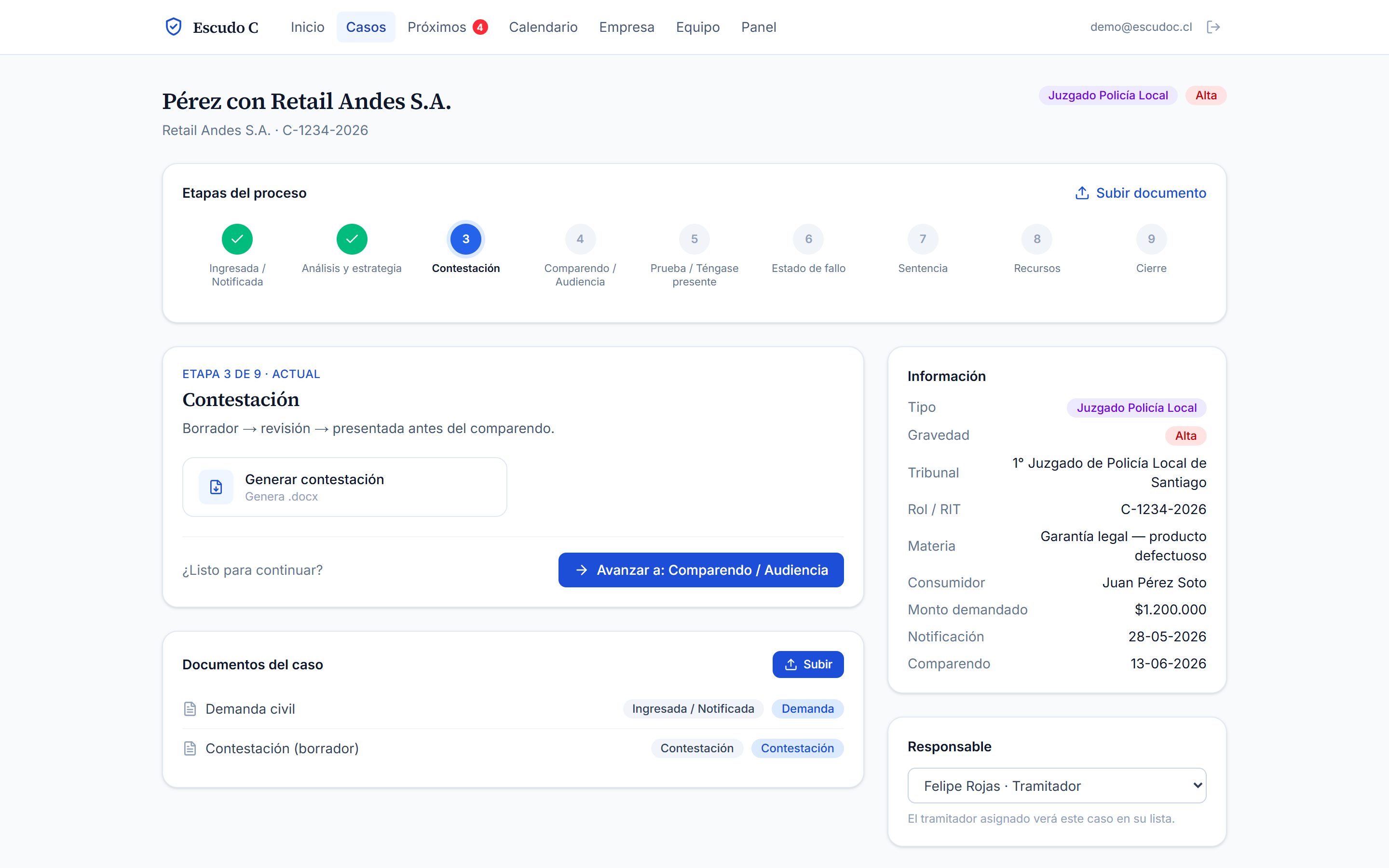 Ficha del caso con funnel por etapas, generación de la contestación y plazos.